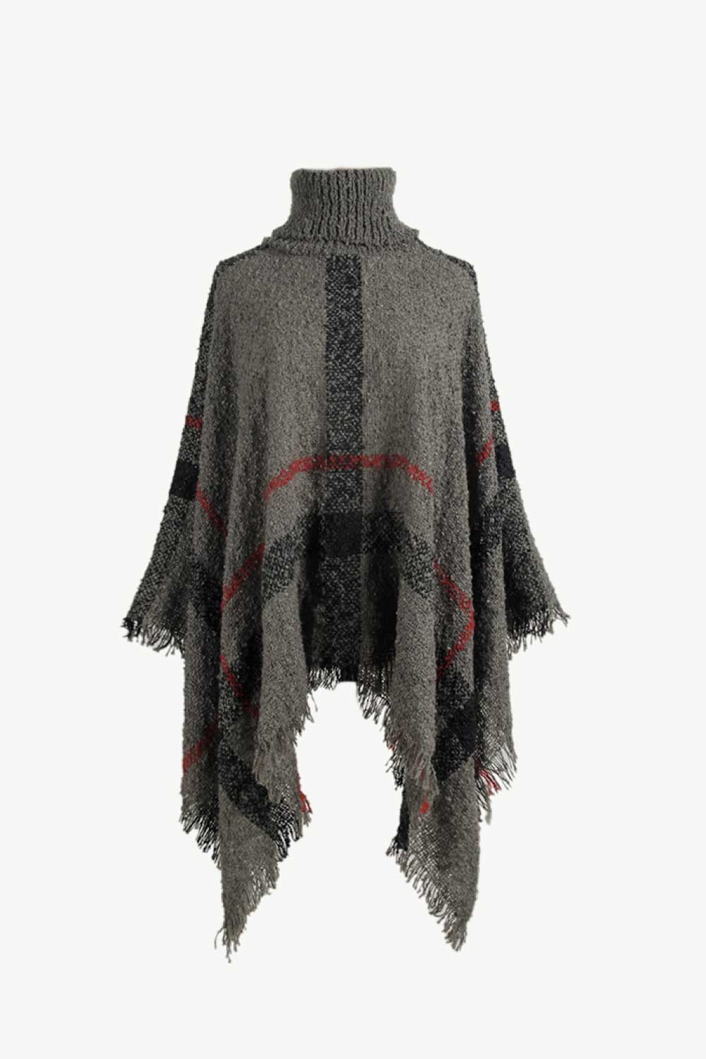 Textured plaid turtleneck cape in charcoal acrylic with fringe hem and red accents.