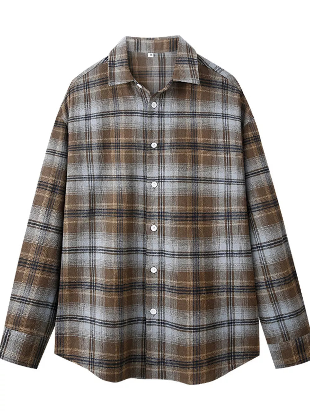 Relaxed fit cotton plaid button-up shirt with collared neckline and buttoned front.