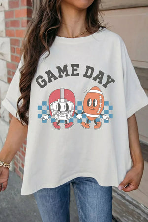 White cotton t-shirt with retro football helmet and football graphic and GAME DAY text