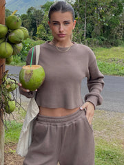 Waffle knit cropped lounge set in mocha, white, khaki, or aqua.
