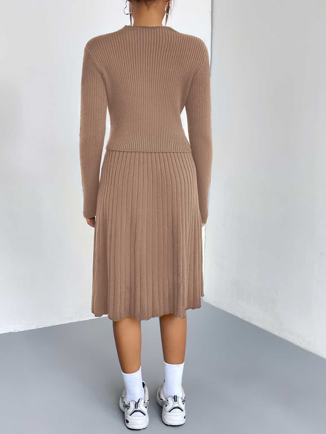 Ribbed knit fit-and-flare co-ord set in Dust Storm, long sleeve top and A-line skirt.