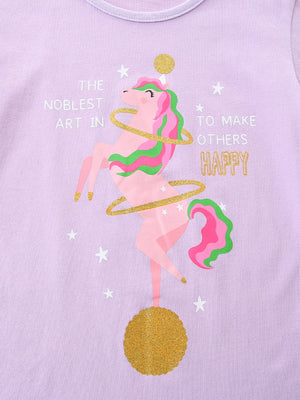 Lilac cotton toddler t-shirt with a pink unicorn graphic and gold glitter accents.