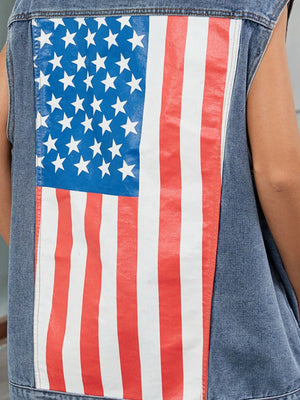 Denim vest with American flag print on back, sleeveless, casual style.