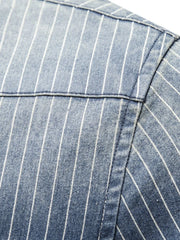 Denim western shirt in peacock blue with white vertical stripes and button details.