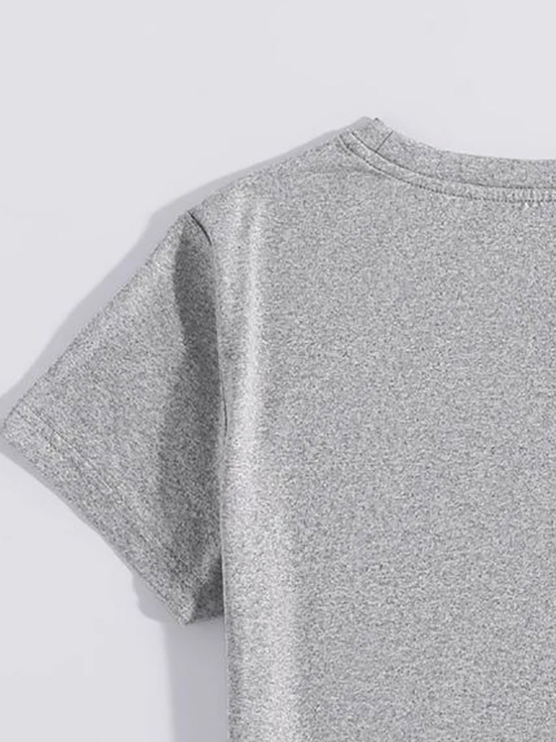 Gray polyester t-shirt with short sleeves and crew neck, close-up detail.