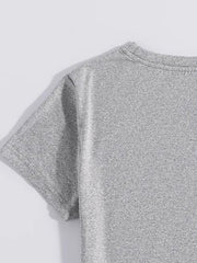 Gray polyester t-shirt with short sleeves and crew neck, close-up detail.