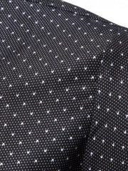 Black cotton slim fit shirt with micro-dots and subtle curved details.