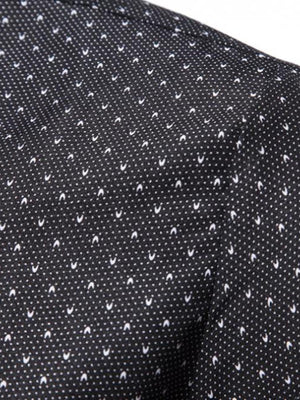 Black cotton slim fit shirt with micro-dots and subtle curved details.
