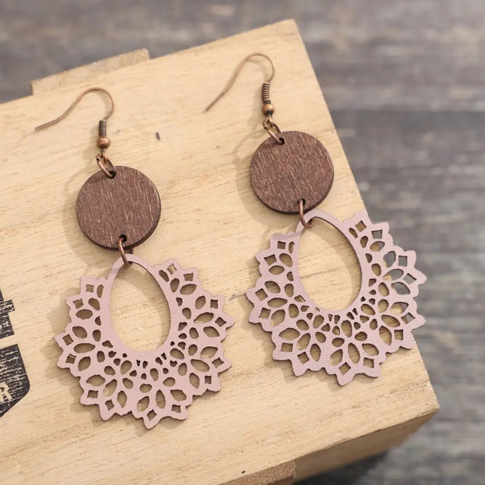 Floral laser-cut wooden drop earrings in dusty pink with wood accents
