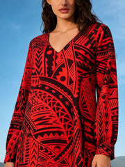 Red tribal print maxi dress with V-neck and long sleeves