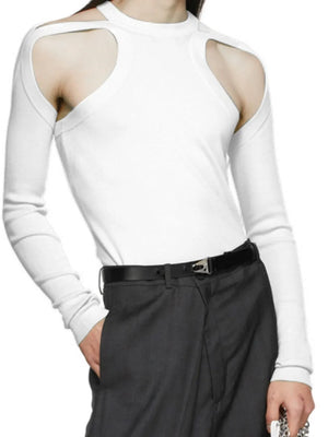 White ribbed knit top with shoulder cutouts and long sleeves.