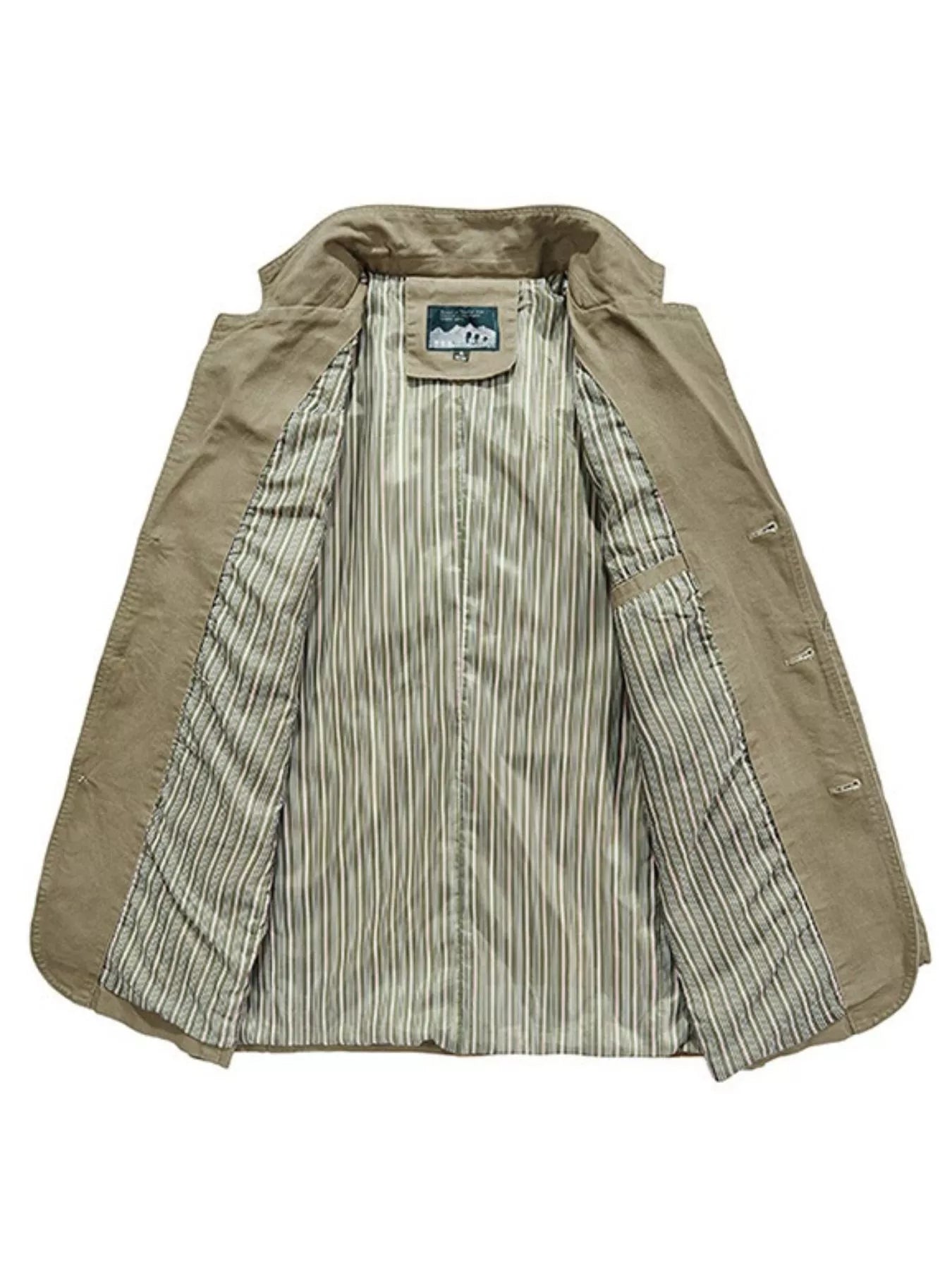 Khaki cotton slim fit casual blazer with striped lining and button-up front.