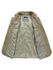 Khaki cotton slim fit casual blazer with striped lining and button-up front.