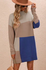 Geometric colorblock knit mini dress with mock neck and long sleeves in camel, beige, and light blue.