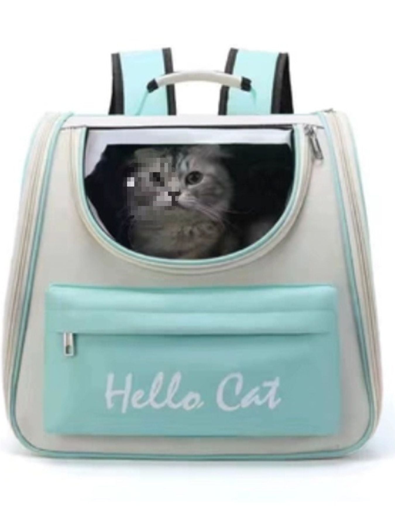 Stylish transparent pet carrier backpack in cream and aqua with a cat inside.