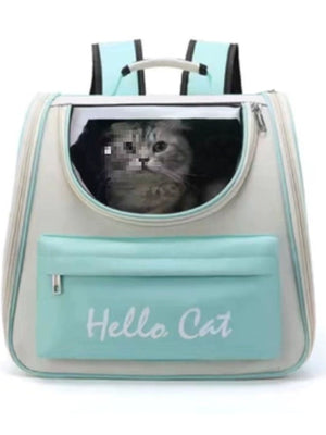 Stylish transparent pet carrier backpack in cream and aqua with a cat inside.