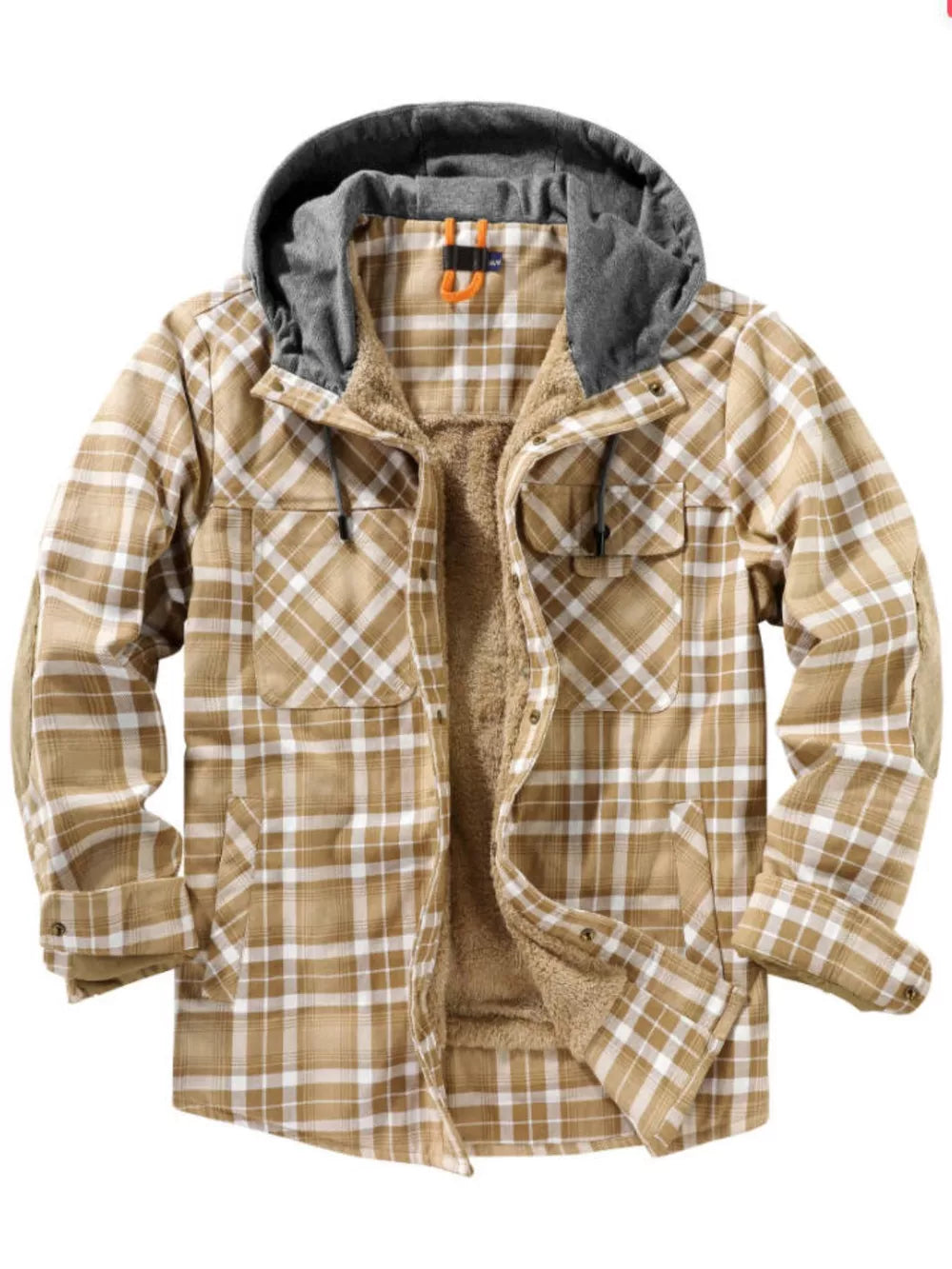 Men's Khaki Plaid Flannel Hooded Jacket with sherpa lining and buttoned chest pockets.