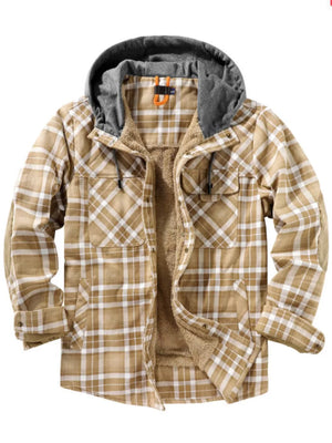 Men's Khaki Plaid Flannel Hooded Jacket with sherpa lining and buttoned chest pockets.
