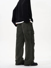Tailored cargo pants in military green with versatile pockets and a relaxed fit.