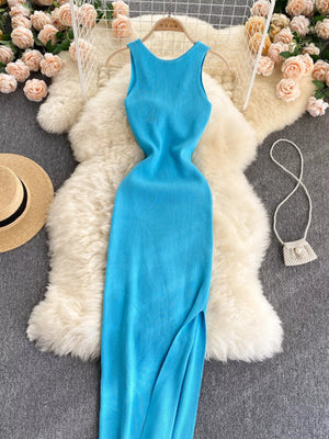 Light blue ribbed knit midi dress with a cutout back and side slit.