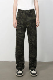 Utility camo carpenter jeans in black with multiple cargo pockets.