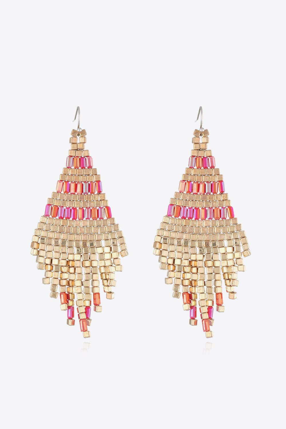 Geometric beaded fringe earrings with gold and pink beads.