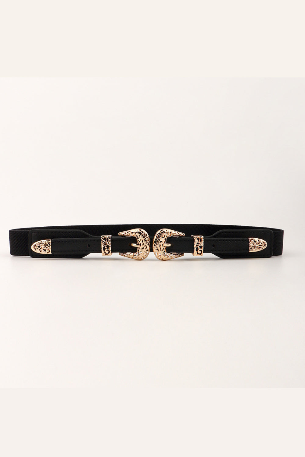 Black elastic waist belt with double western buckles and gold alloy details