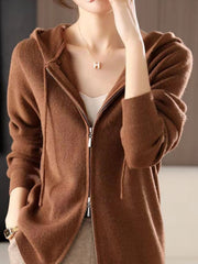 Ribbed knit zip-through hoodie in caramel with a full zip closure and drawstring hood.