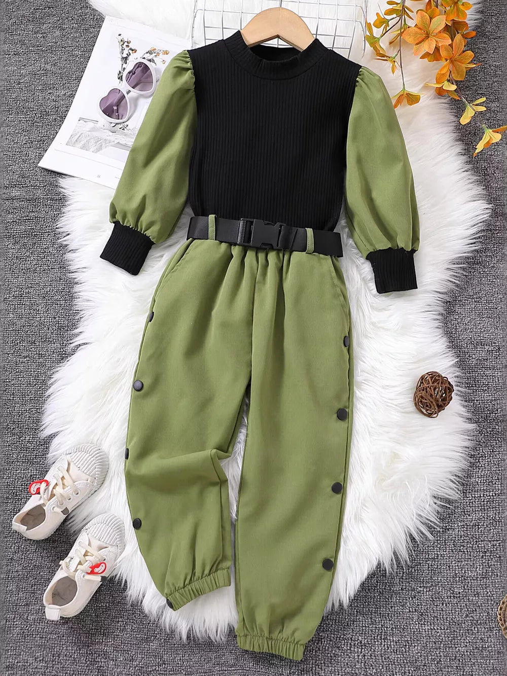 Children's Color Block Top And Pants Set in Army Green, front view