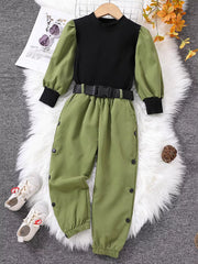 Children's Color Block Top And Pants Set in Army Green, front view