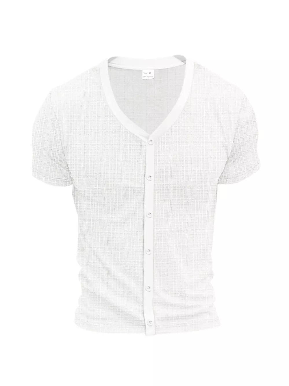 White V-neck button-down t-shirt with textured fabric and short sleeves.