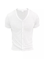 White V-neck button-down t-shirt with textured fabric and short sleeves.
