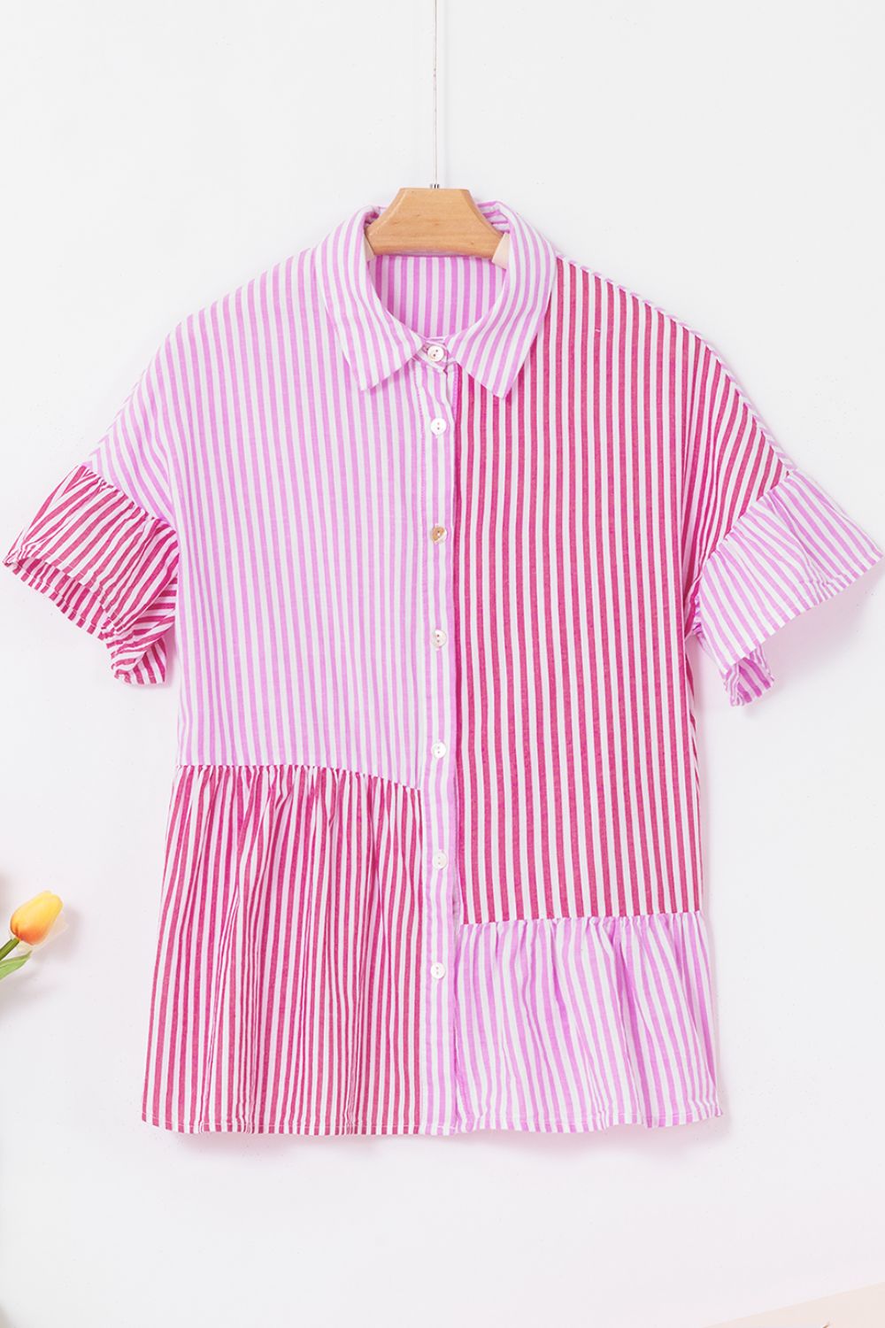 Pink striped tiered ruffle sleeve blouse with button front and collar.