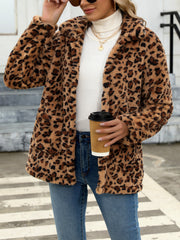 Leopard print sherpa overshirt jacket with collar and button front, styled casually.