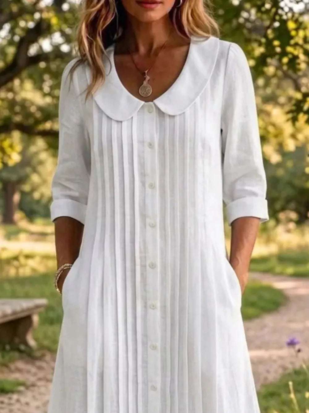 Peter Pan Collar Button Down Dress Plus Size, side view