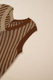 Brown and tan chevron knit vest with a square neckline and open knit detail.