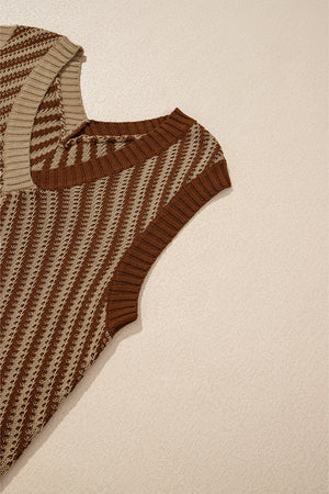 Brown and tan chevron knit vest with a square neckline and open knit detail.