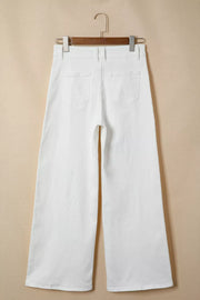 White denim wide-leg jeans with high waist and button fly, shown from the back.