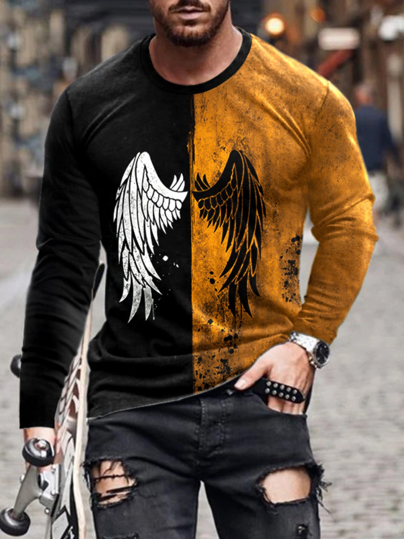 Men's Full Size Split-color Wing Graphic Long-sleeve T-shirt in Burgundy, side view