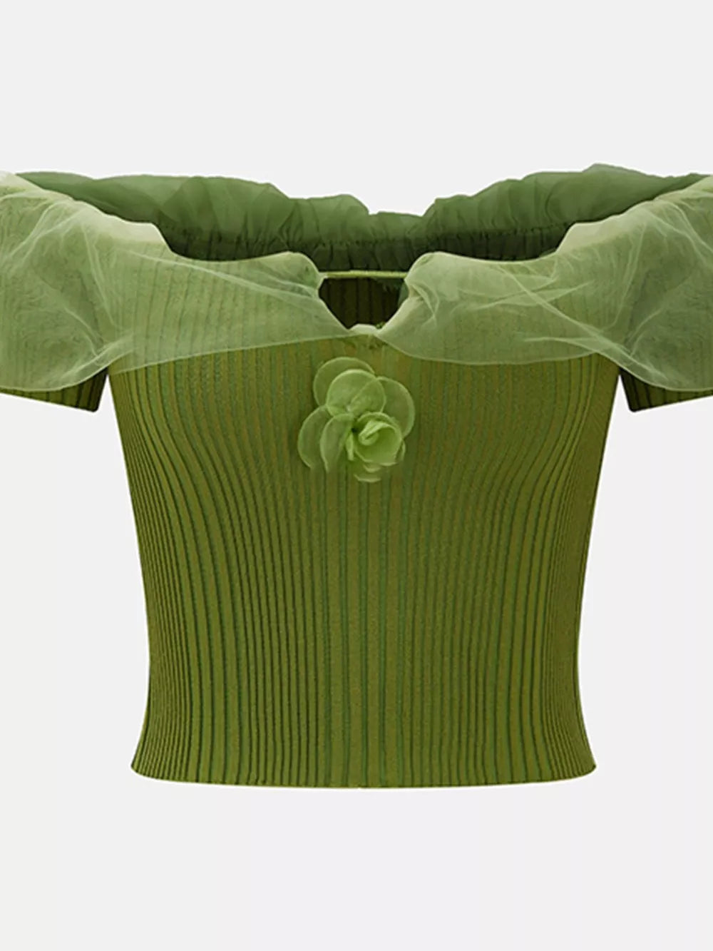 Green off-shoulder ruffled knit t-shirt with floral detail and sheer overlay