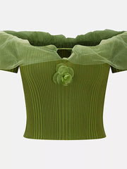 Green off-shoulder ruffled knit t-shirt with floral detail and sheer overlay