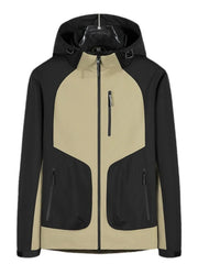 Waterproof hooded jacket in black and khaki with zippered pockets and adjustable hood.