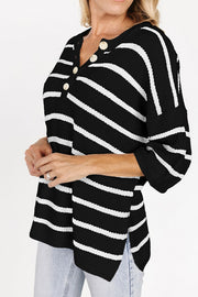 Black and white stripe knit pullover sweater with button-down neckline.