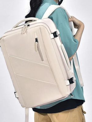 Beige structured backpack with shoe compartment and adjustable straps.