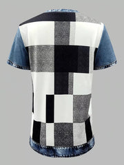 Denim patchwork short sleeve shirt with a black, white, and gray checkered print and distressed denim accents.