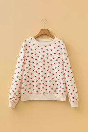 Heart Print Round Neck Long Sleeve Sweatshirt in Cream, side view