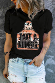 Black graphic t-shirt with "Take A Number" text on a tag shape with abstract pattern.
