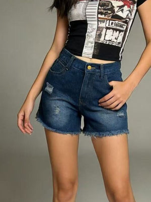 Dark blue distressed denim shorts with frayed hem and high waist.