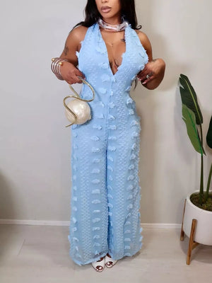 Textured Halter Wide-leg Jumpsuit in Blue, close-up detail