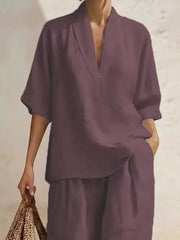 Mauve half-sleeve top with V-neck and wide-leg pants, casual women's outfit set.